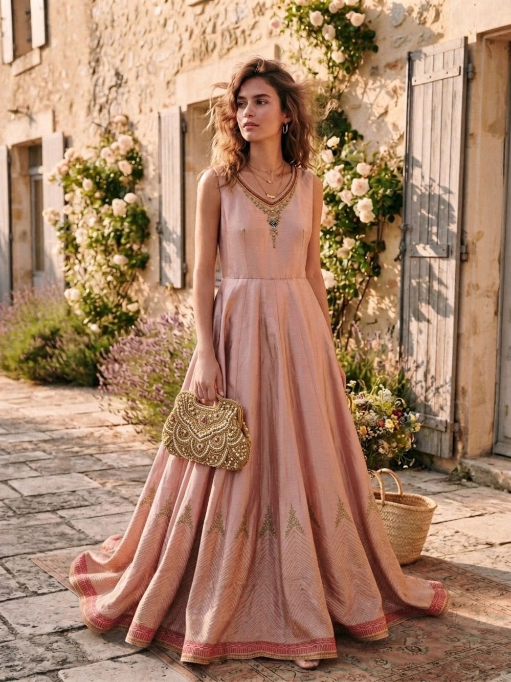 Pakistani Dusty Rose Farshi Anarkali Dress | Size S | Gold Zari & Beaded.